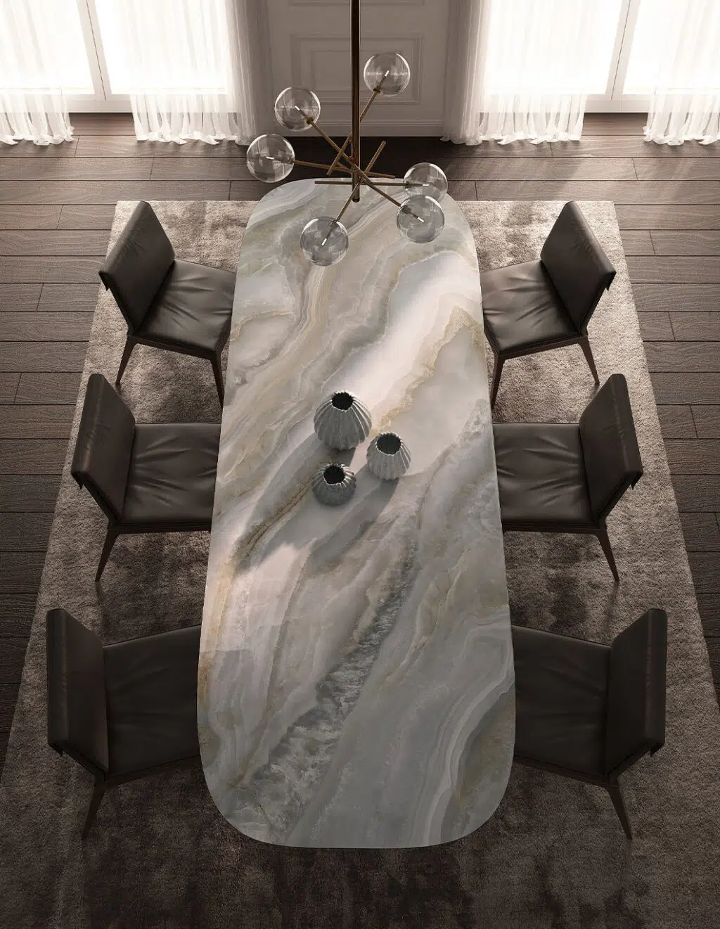 With Cristallo Macchia Vecchia, Onice Grigio is the second refined proposal from Laminam’s Diamond series aimed at the world of the table.